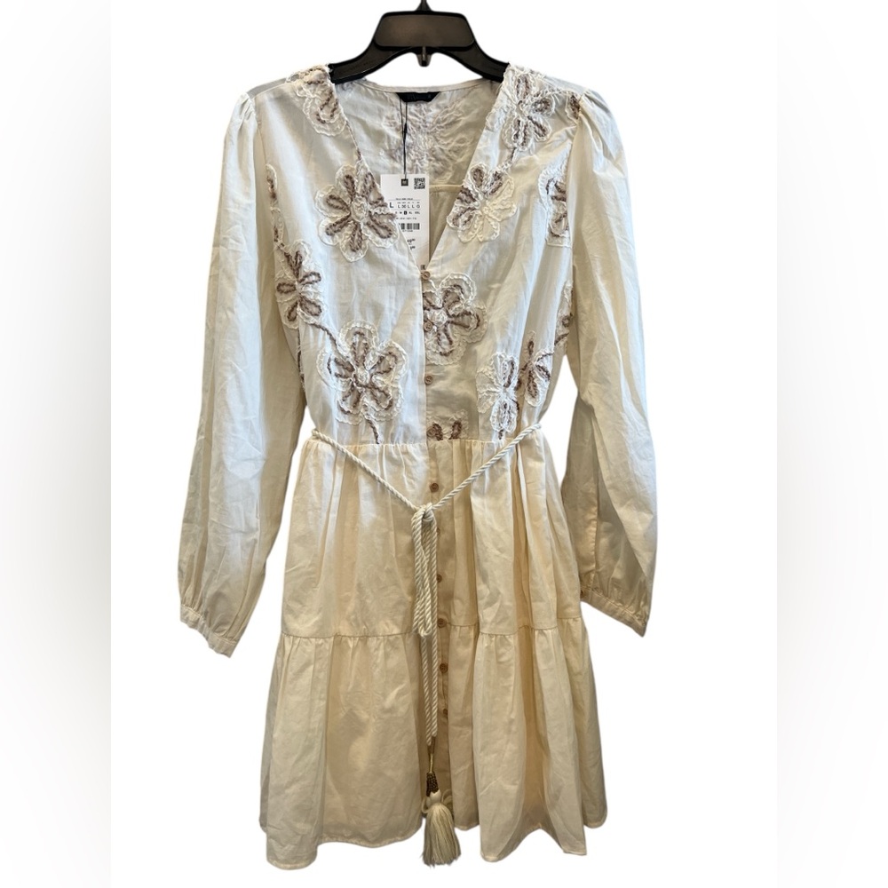 100% Cotton Zara Cream Long Sleeve Chic Mini Dress with Floral Embroidery
